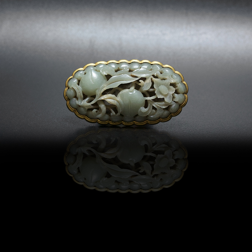 A RARE JADE PLAQUE AND GILT-BRONZE