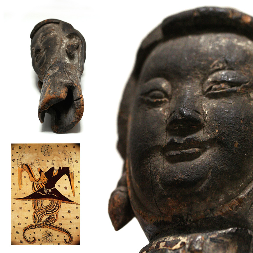A WOOD PROCESSION HEAD OF NUWA, MING DYNASTY